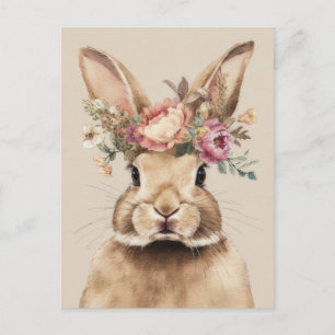 Easter Postcard with Flowers and Easter Bunny