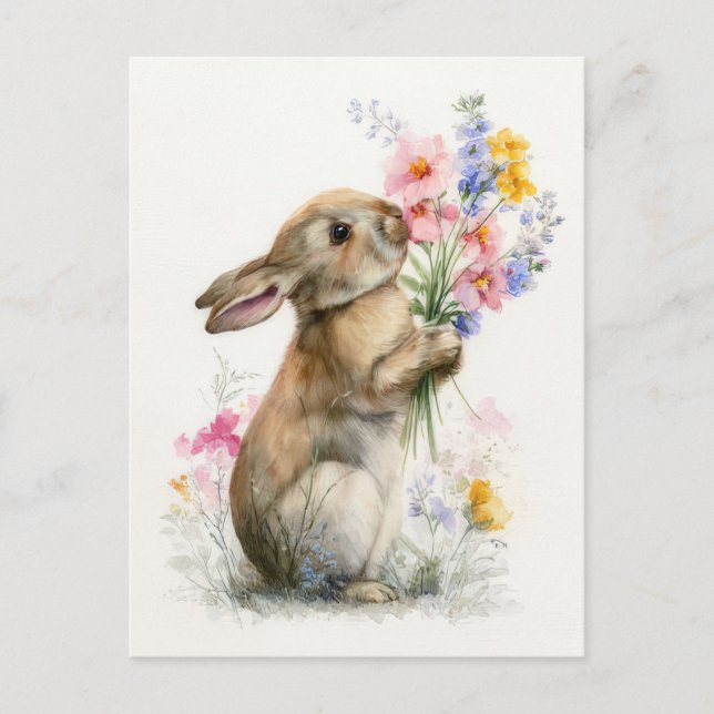 Easter Postcard with Flowers and Easter Bunny (Front)