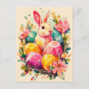 Easter Postcard with Flowers and Easter Bunny