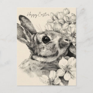 Easter Postcard with Flowers and Easter Bunny