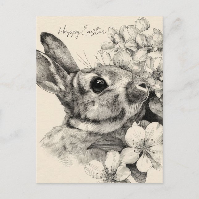 Easter Postcard with Flowers and Easter Bunny (Front)