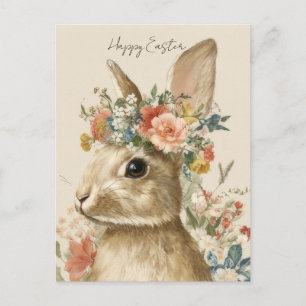 Easter Postcard with Flowers and Easter Bunny