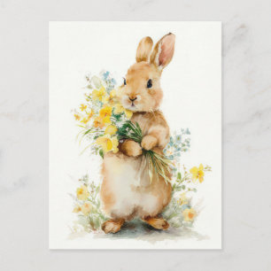 Easter Postcard with Flowers and Easter Bunny