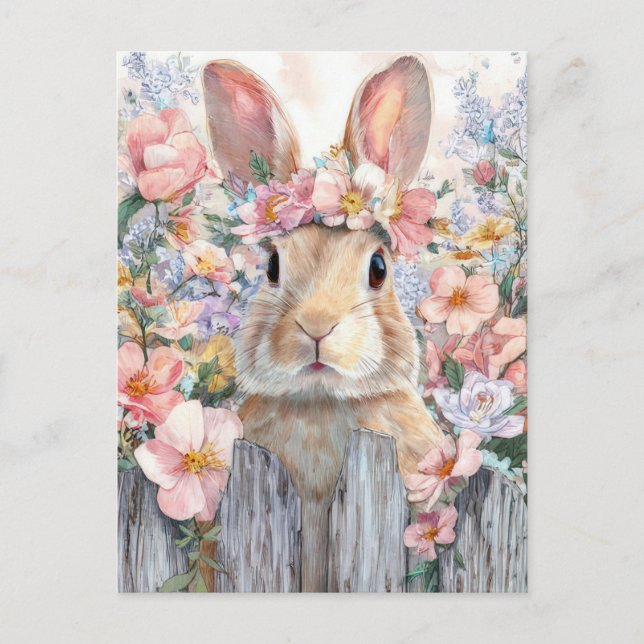 Easter Postcard with Flowers and Easter Bunny (Front)