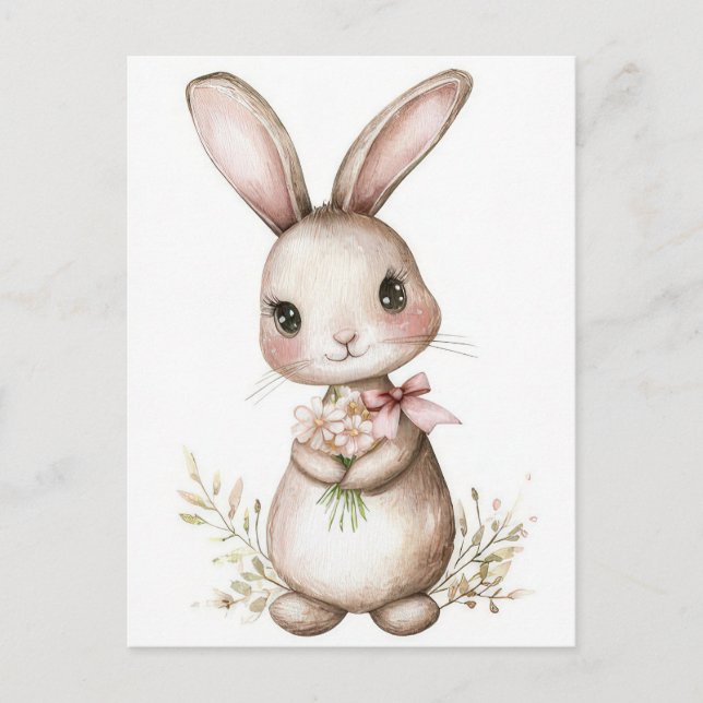 Easter Postcard with Flowers and Easter Bunny (Front)