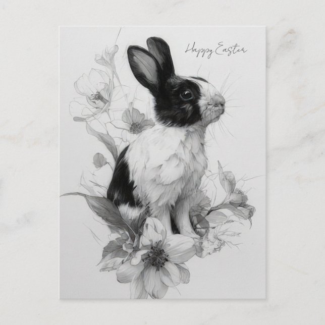 Easter Postcard with Flowers and Easter Bunny (Front)
