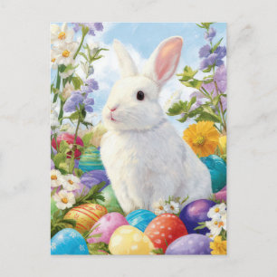 Easter Postcard with Flowers and Easter Bunny