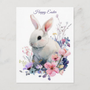 Easter Postcard with Flowers and Easter Bunny