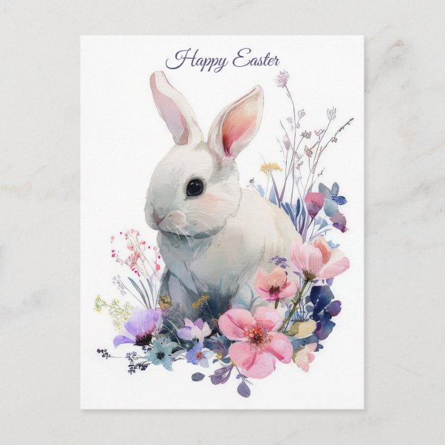 Easter Postcard with Flowers and Easter Bunny (Front)