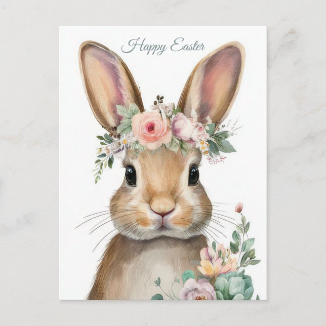 Easter Postcard with Flowers and Easter Bunny (Front)
