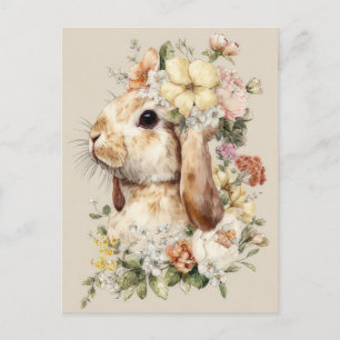 Easter Postcard with Flowers and Easter Bunny