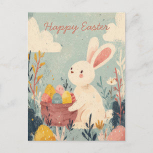 Easter Postcard with Flowers and Easter Bunny