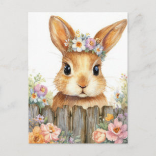 Easter Postcard with Flowers and Easter Bunny