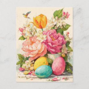 Easter Postcard with Flowers and Easter Bunny