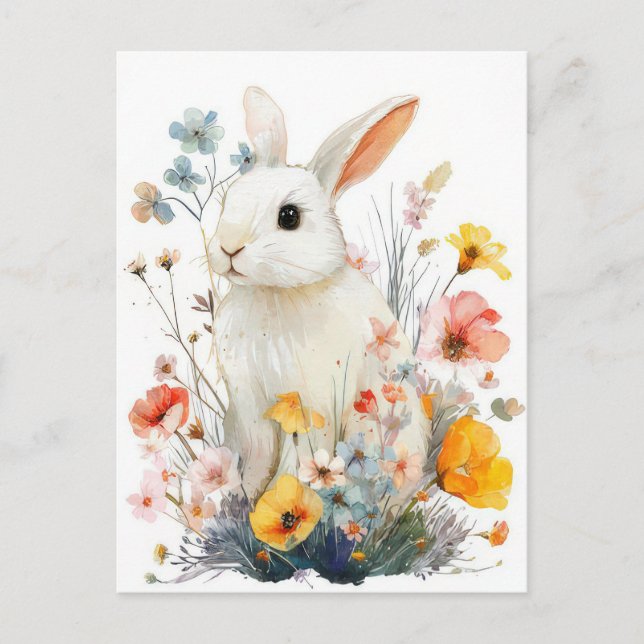 Easter Postcard with Flowers and Easter Bunny (Front)