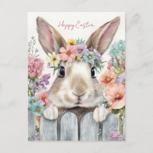 Easter Postcard with Flowers and Easter Bunny