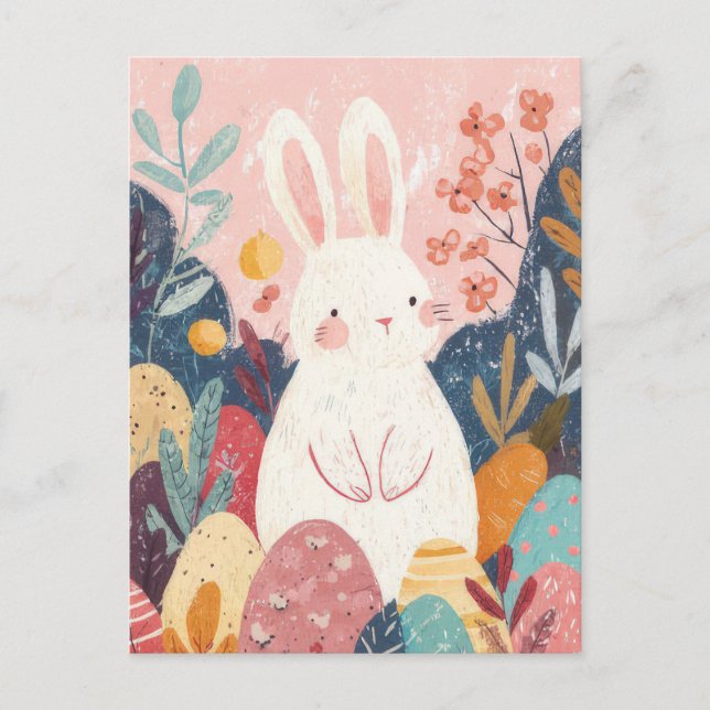 Easter Postcard with Flowers and Easter Bunny (Front)