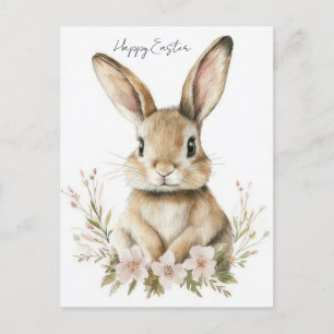 Easter Postcard with Flowers and Easter Bunny