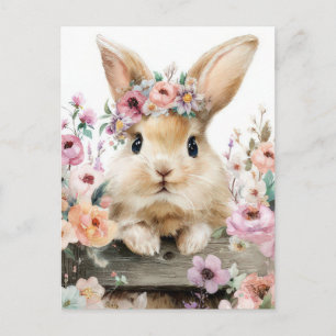 Easter Postcard with Flowers and Easter Bunny