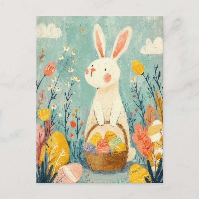 Easter Postcard with Flowers and Easter Bunny (Front)