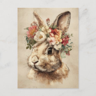 Easter Postcard with Flowers and Easter Bunny