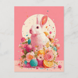 Easter Postcard with Flowers and Easter Bunny