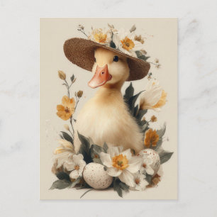 Easter Postcard with Flowers and Easter Duckling