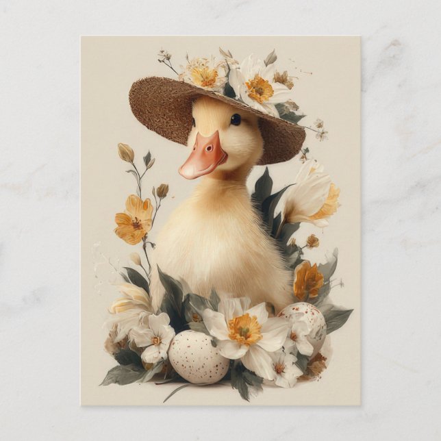 Easter Postcard with Flowers and Easter Duckling (Front)