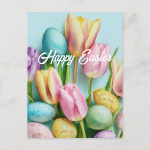 Easter Postcard with Flowers and Easter Eggs
