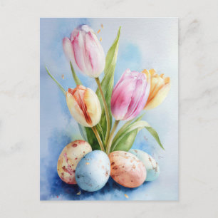 Easter Postcard with Flowers and Easter Eggs