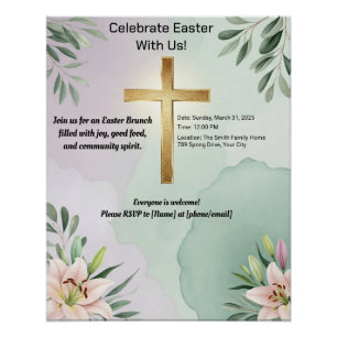 Easter Poster with Golden Cross and Lilies