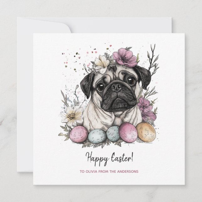 Easter pug cute rustic watercolor floral  card (Front)