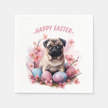 Easter Pug Dog -  Eggs and Flowers -  