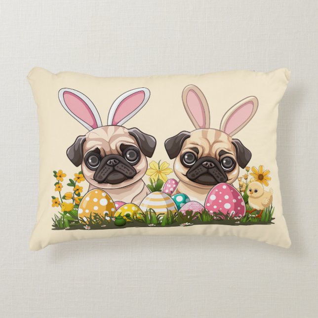 Easter Pug Dogs Bunny Ears Decorative Cushion (Front)