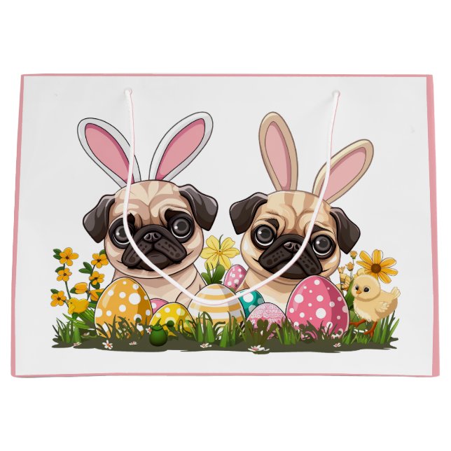 Easter Pug Dogs Bunny Ears Large Gift Bag (Front)