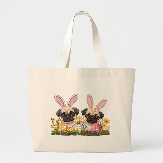 Easter Pug Dogs Bunny Ears Large Tote Bag (Front)