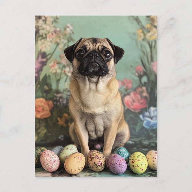 Easter pug rustic botanical floral chic holiday postcard (Front)
