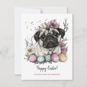 Easter pug rustic botanical floral holiday card