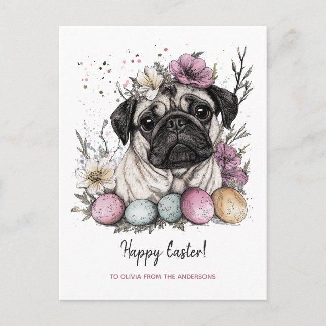 Easter pug rustic botanical floral  holiday postcard (Front)