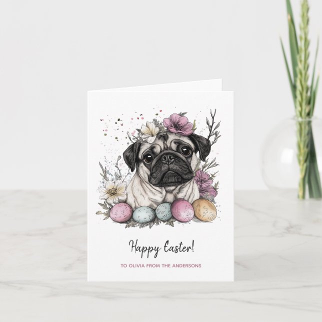 Easter pug rustic watercolor  floral  holiday card (Front)