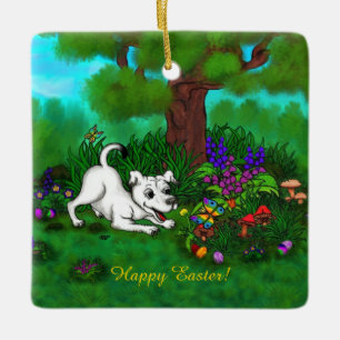 Easter - Puppy Capo and Butterfly Ceramic Ornament