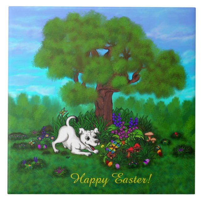 Easter - Puppy Capo and Butterfly Ceramic Tile (Front)
