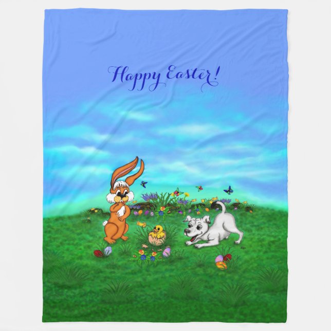 Easter - Puppy Capo Rabbit and Chick Fleece Blanket (Front)