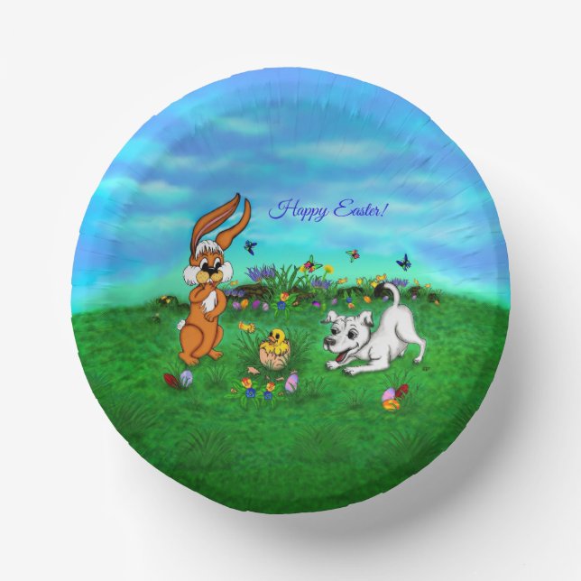 Easter - Puppy Capo Rabbit and Chick Paper Plate (Front)