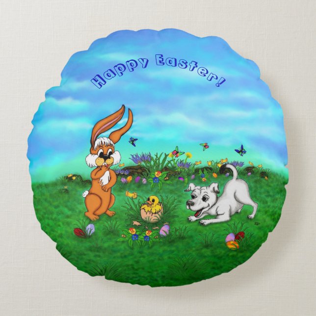 Easter - Puppy Capo Rabbit and Chick Round Cushion (Front)