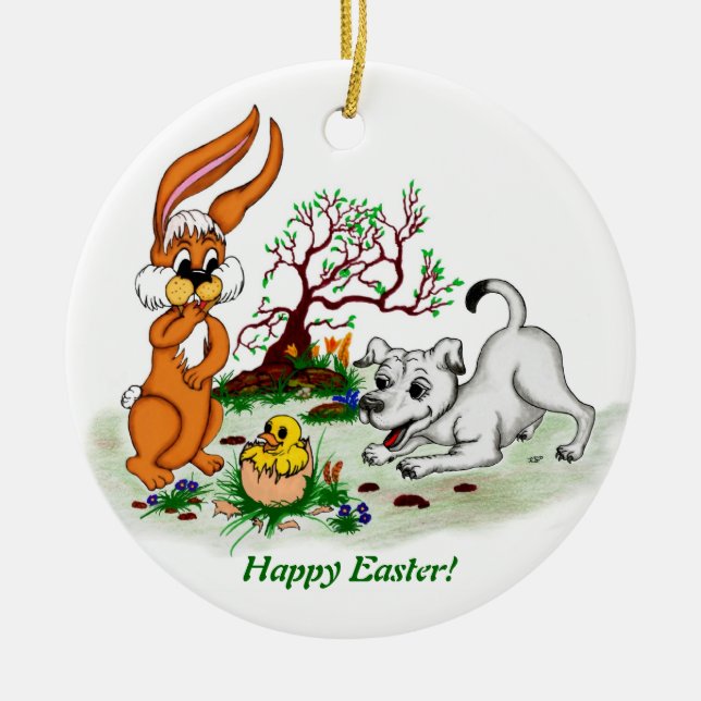 Easter - Puppy Capo with Rabbit and Chick Ceramic Ornament (Front)