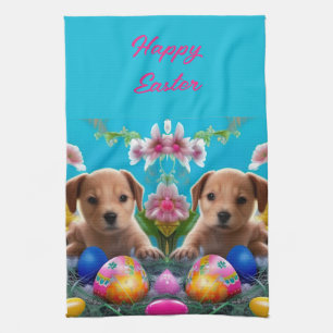Easter Puppy Flowers and Eggs Apron Tea Towel