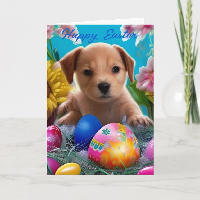 Easter Puppy Flowers and Eggs Holiday  Announcement (Front)