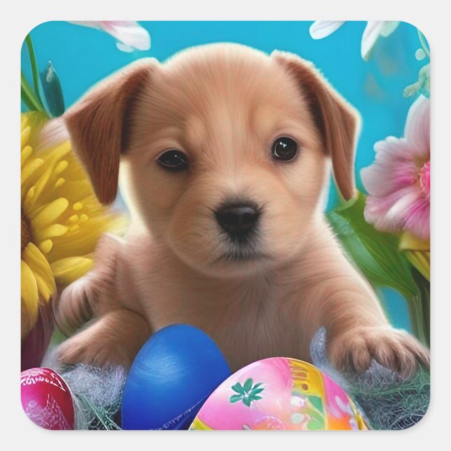 Easter Puppy Flowers and Eggs  Square Sticker (Front)