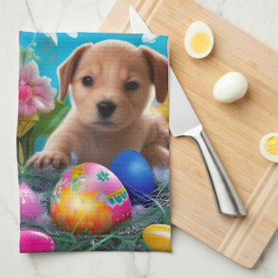 Easter Puppy Flowers and Eggs  Tea Towel